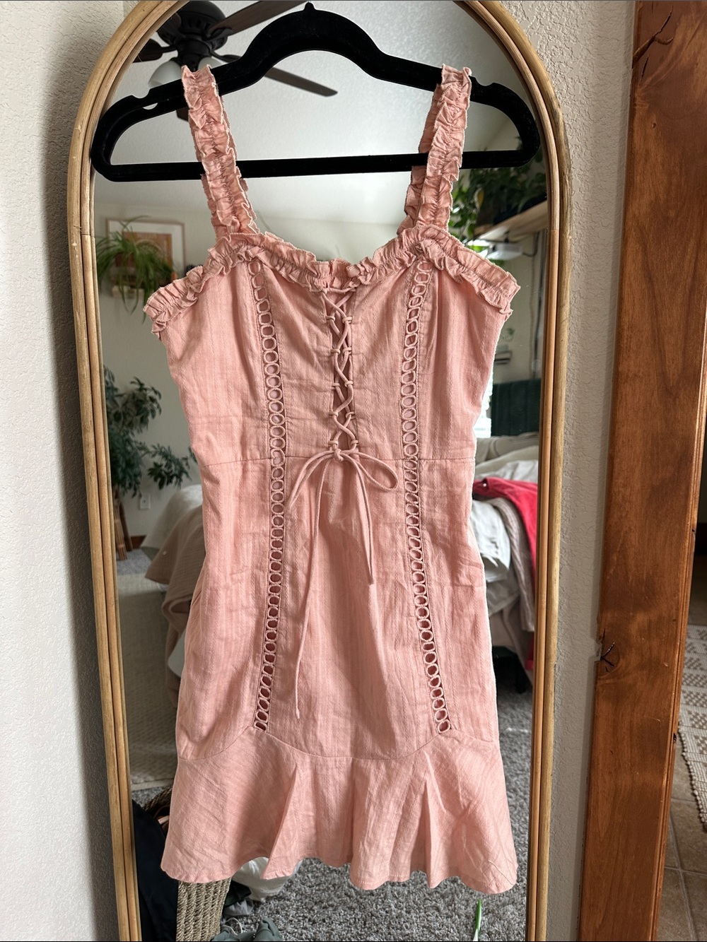 Pink Lace-Up Ruffle Mini Dress Urban Outfitters